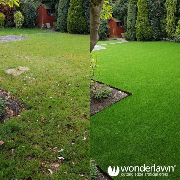 Before and after edging fake grass installation