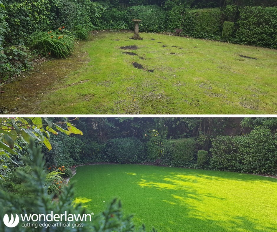 Before and after artificial lawn installation